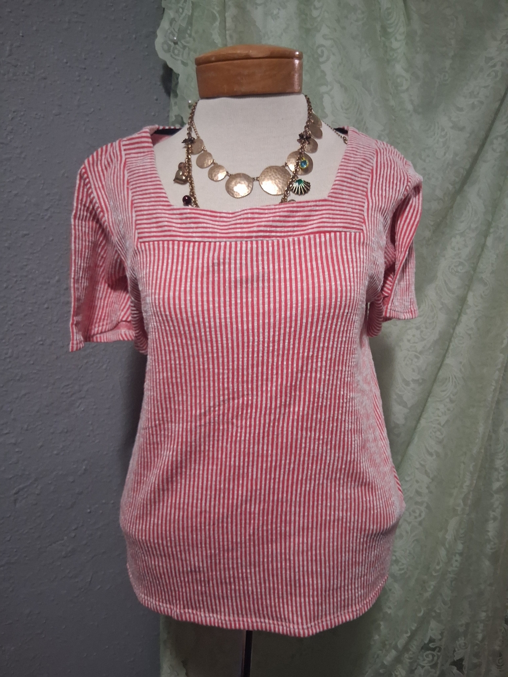 W5 Red and White Striped Square-Neck Short Sleeve Top